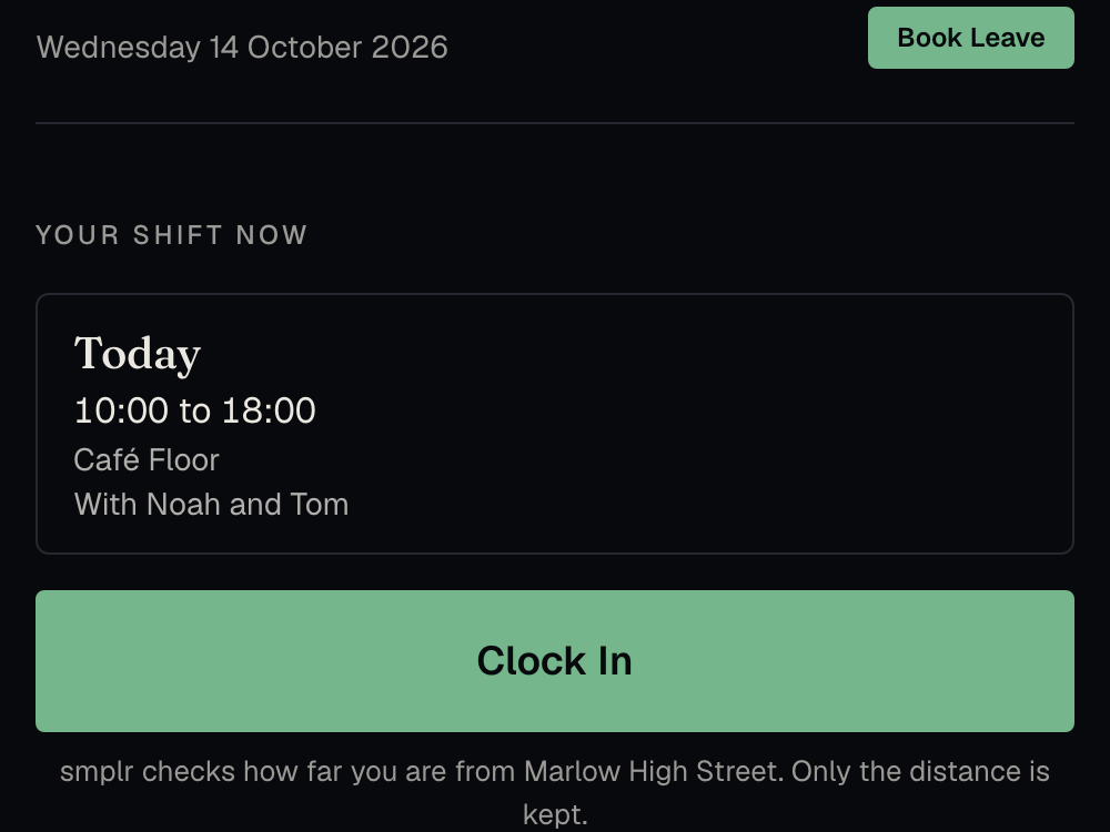 Jordan’s Home on a phone: today’s shift, 10:00 to 18:00 on Café Floor with Noah and Tom, and a Clock In button.