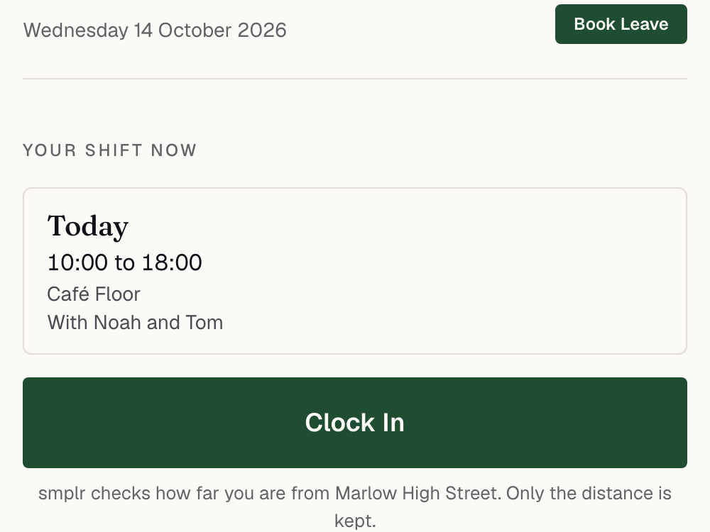 Jordan’s Home on a phone: today’s shift, 10:00 to 18:00 on Café Floor with Noah and Tom, and a Clock In button.