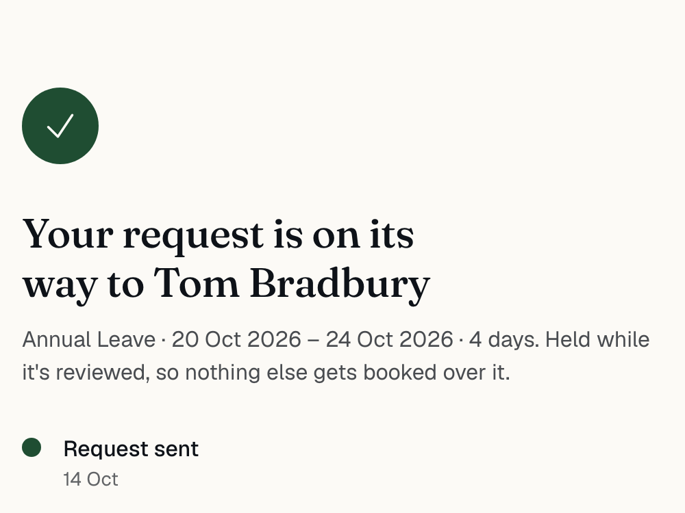 A confirmation page reading ‘Your request is on its way to Tom Bradbury’, with a three-stage progress list.