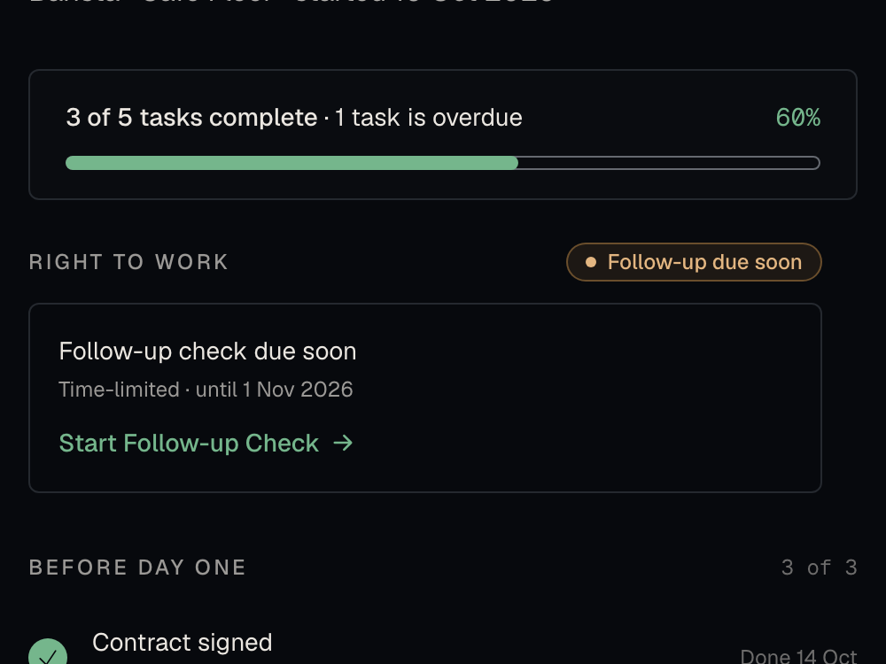 A new starter’s checklist at three of five tasks complete, with a right-to-work panel flagged as expiring soon.