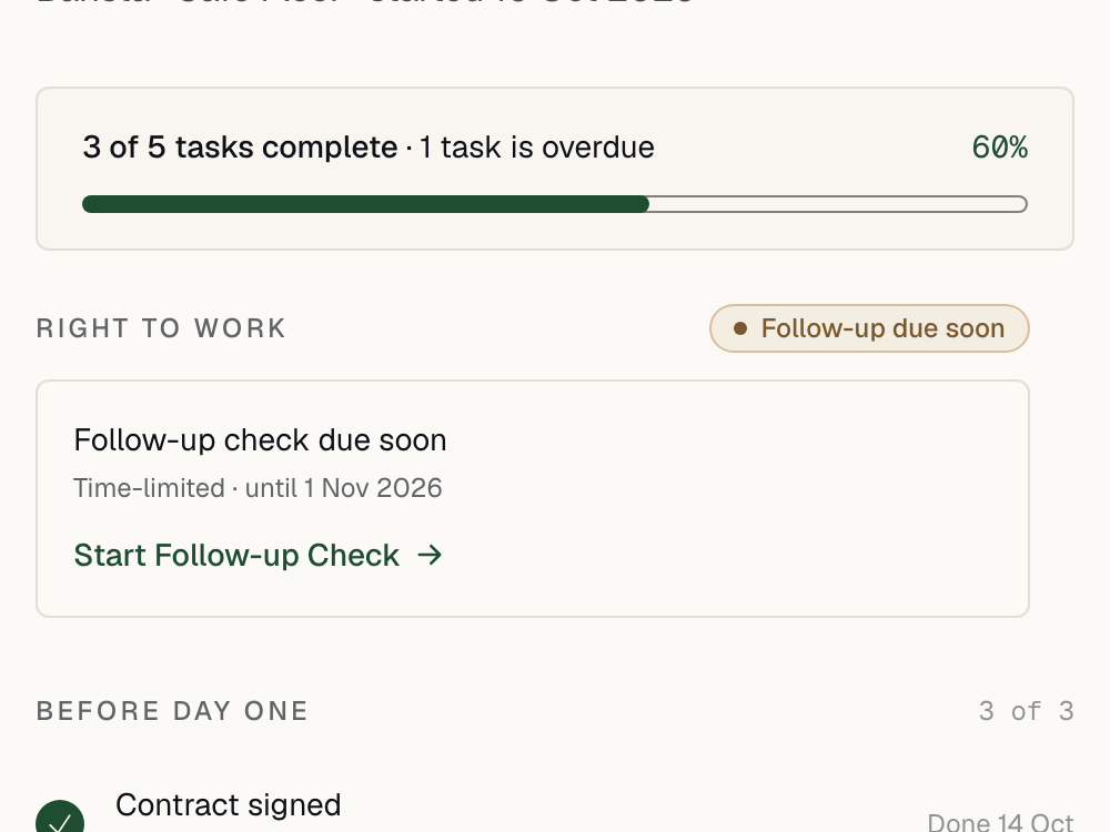 A new starter’s checklist at three of five tasks complete, with a right-to-work panel flagged as expiring soon.