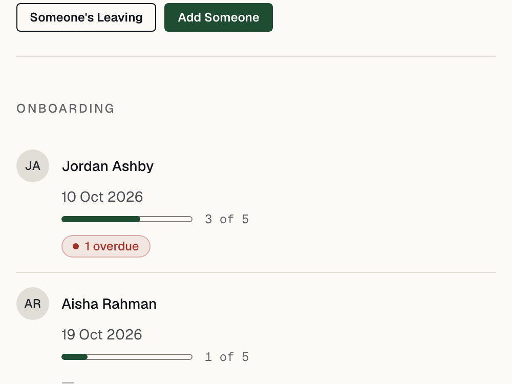 The Joining and Leaving list: two people onboarding, each with a start date, a progress bar and anything overdue.