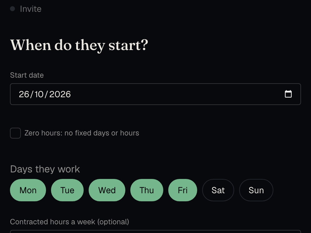 The Add someone form at its When step: a start date and a three-day week chosen, a line saying how much holiday that gives for the rest of the year, and a summary of who, where and when beside it.