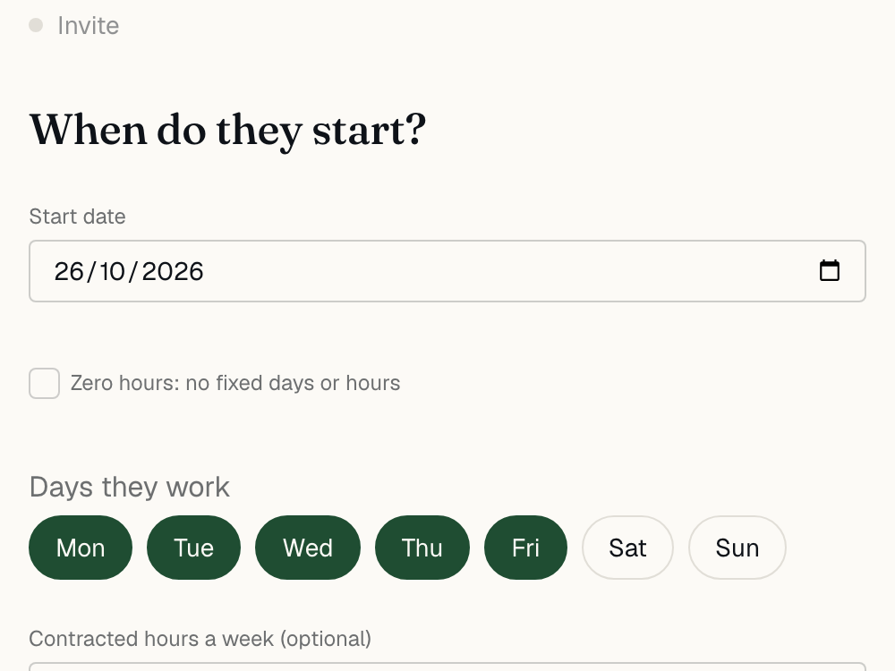 The Add someone form at its When step: a start date and a three-day week chosen, a line saying how much holiday that gives for the rest of the year, and a summary of who, where and when beside it.
