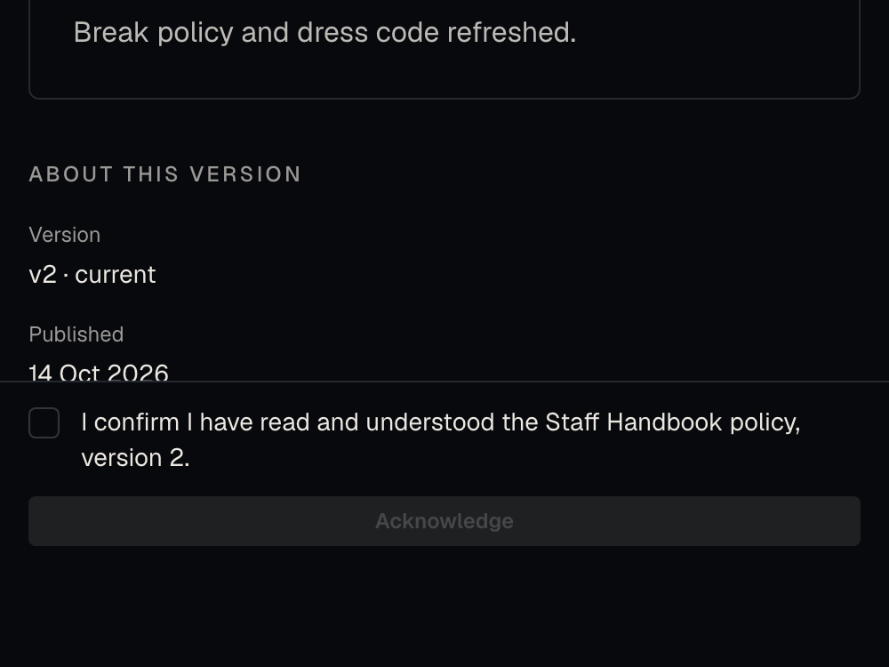 A staff handbook policy open at version two, with a confirmation tick box and an Acknowledge button.