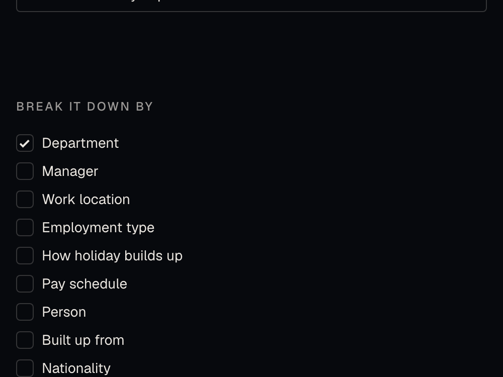 The report builder with Department ticked as a breakdown, Sickness cost as a measure, and a live eight-row preview.