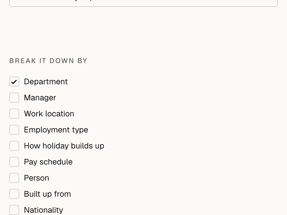 The report builder with Department ticked as a breakdown, Sickness cost as a measure, and a live eight-row preview.