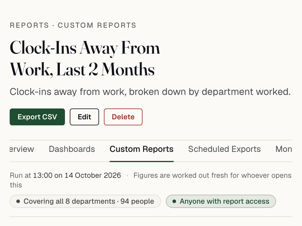 A saved report called Headcount By Department, run fresh, listing eight departments and their headcounts.