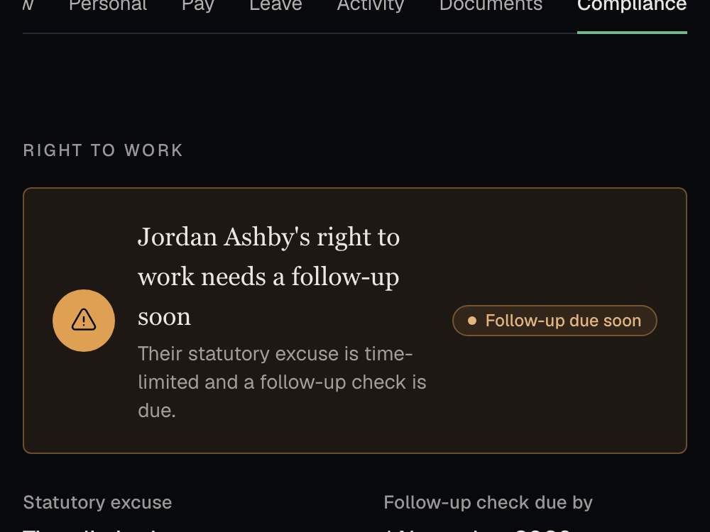 A person’s Right To Work tab showing 'Follow-up due soon', a time-limited permission, and a valid-until date.