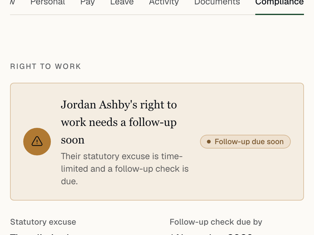 A person’s Right To Work tab showing 'Follow-up due soon', a time-limited permission, and a valid-until date.